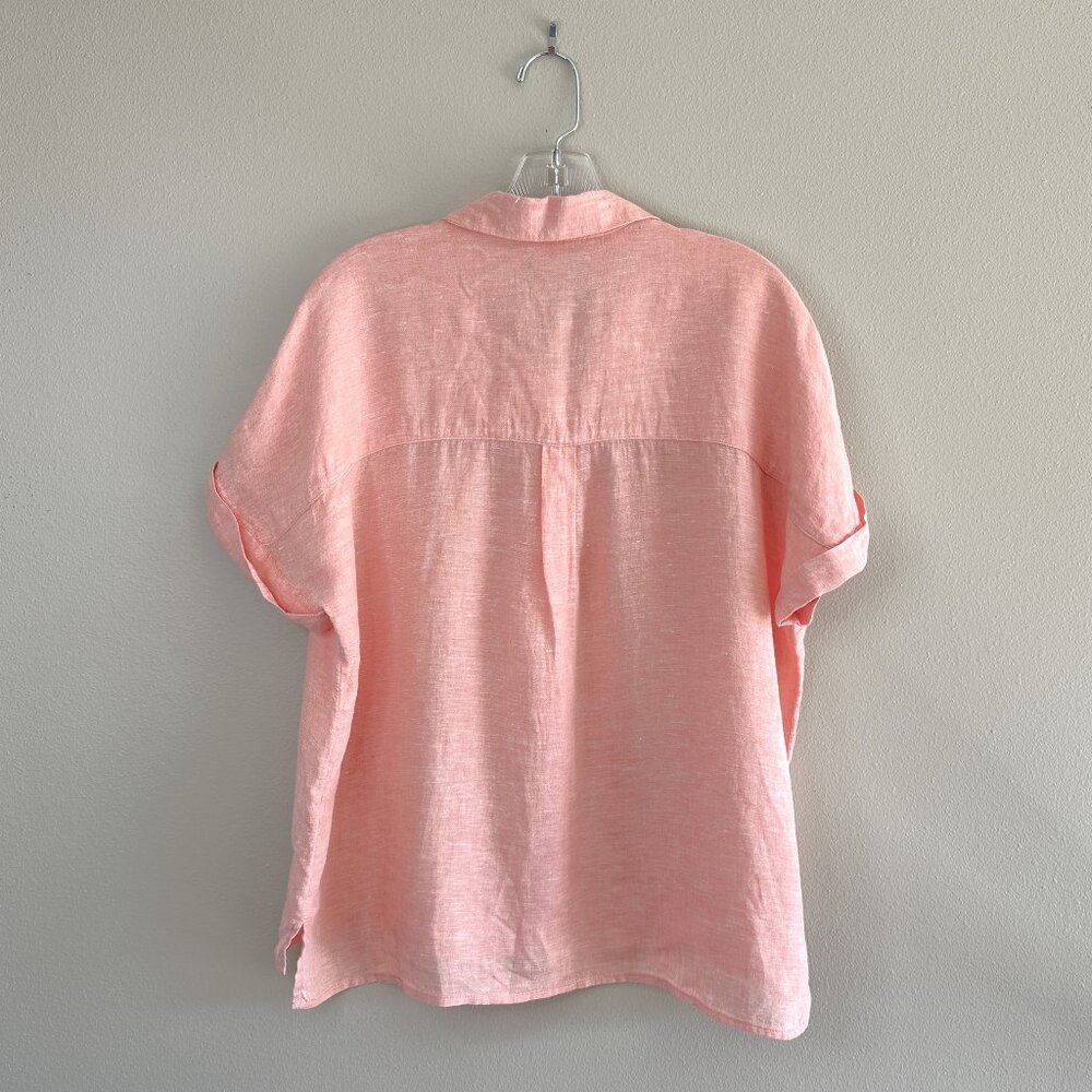 Tahari Coral 100% Linen Short Sleeve Button Up Top - Picture 6 of 7